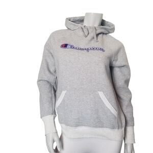 Champion Sz Small Logo Hooded Sweatshirt / Hoodie Grey White with Front Pocket